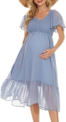 Adorel Maternity Dress Short Ruffle Sleeve Midi Photoshoot Flowy Pregnant Outfit Swiss Dot Empire Waist V-Neck Baby Shower