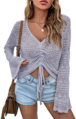 Ainuno Womens Bell Sleeve Crop Tops V Neck Ruched Front Crochet Pullover Sweaters