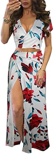 Aro Lora Women's Sexy V Neck Floral Printed Side Slit Two-Piece Maxi Dress