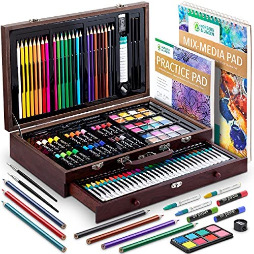 Art Supplies, Norberg & Linden XXL144 Art Set in Deluxe Wooden Box with Drawer Includes Crayons, Oil Pastels, Watercolor Paints, Colored Pencils, Sharpener and Sketch Pad for Adults and Kids