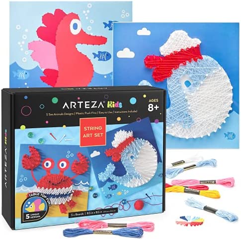 Arteza Kids String Art Kit, Set of 5 Sea Animal Designs, Plastic Pushpins, Art Supplies for Kids Craft Projects and Free Time Activities