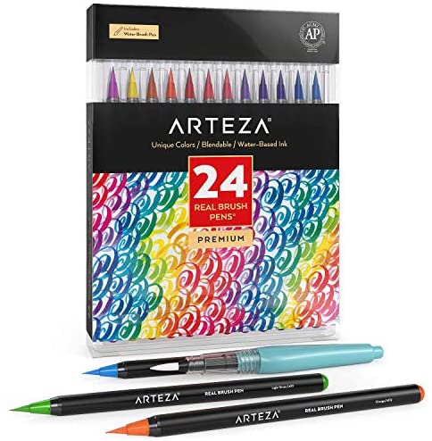 Arteza Real Brush Pens, 24 Colors for Watercolor Painting with Flexible Nylon Brush Tips, Paint Markers for Coloring, Calligraphy and Drawing with Water Brush for Artists and Beginner Painters