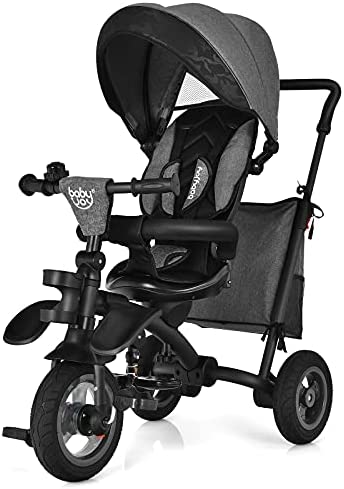 BABY JOY Toddler Tricycle, 7 in 1 Folding Steer Trike w/Rotatable Seat, Adjustable Canopy, Push Handle, Guardrail, Safety Harness, Brakes, Cup Holder & Storage, Tricycle for Toddlers Ages 1.5-5 (Gray)