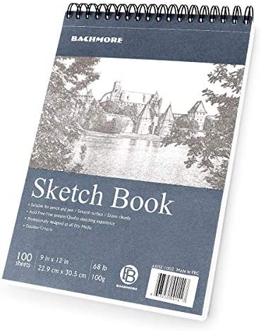 Bachmore Sketchpad 9X12" Inch (68lb/100g), 100 Sheets of TOP Spiral Bound Sketch Book for Artist Pro & Amateurs | Marker Art, Colored Pencil, Charcoal for Sketching