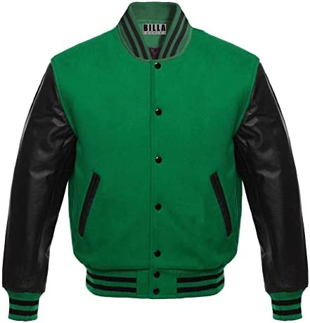 Billa Mens Letterman Collage Baseball Varsity Jackets Body Original Wool And Genuine Leather Sleeves ( Team Colors options ) (Green Black, S)