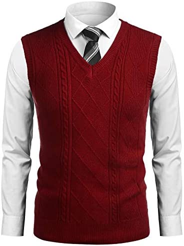 COOFANDY Men's Slim Fit V-Neck Sweater Vest Pullover Sleeveless Sweaters Cable Knitted with Ribbing Edge