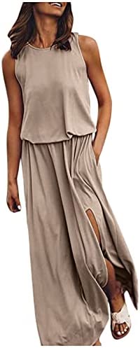 Casual Maxi Dresses for Women Beach Side Split Loose Sleeveless T Shirt Long Dress Summer Party Tank Long Dress