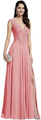 Chiffon Bridesmaid Dresses V Neck Lace Appliques A Line Chiffon Long Formal Gowns with Slit