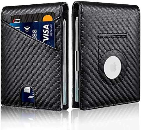 DGege Slim Wallet for Men Compatible with Apple AirTag, Minimalist Bifold Leather Wallets with 12 Credit Card Holder, RFID Blocking, Money Clip for Mens Women Front Pocket, Carbon Fiber Black