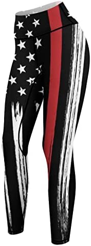 DOINBEE High Waisted Red Line Yoga Pants Vintage American Flag Firefighter Red Line Leggings Workout Running Capri Pants