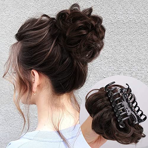 DeeThens Messy Bun Hair Piece Curly Clip in Claw Hair Extensions Natural Wavy Curly Ponytail Synthetic Combs add Hair Volume for Women (Darkest Brown)
