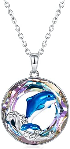 Dolphin Necklace S925 Sterling Silver Crystal Dolphin Wave Pendant Necklaces Ocean Necklace Jewelry Birthday Mother's Day Gifts for Women Teens Girls Friends