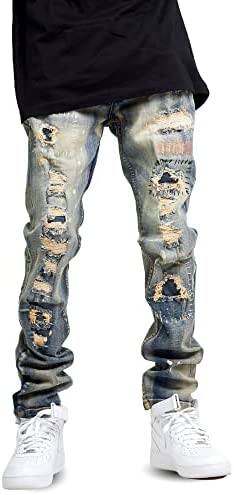 FWRD Denim Men's Washed Heavy Rip & Repair Slim Fit Jeans Distressed with Novelty Stitching Cotton 12 oz Denim