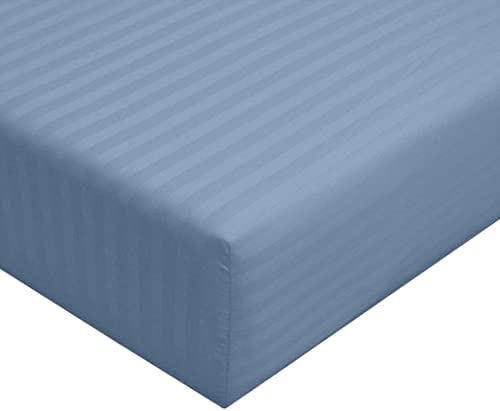 Feather & Stitch 1 Piece Damask Stripe Fitted Sheet King Size Blue 500 Thread Count 100% Cotton Fitted Bottom Sheet 18 Inch Extra Deep Pocket Stretchable Boxer Elastic Fits Mattress Perfectly