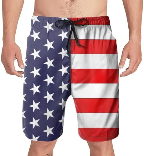 Flag Swim Trunks with Mesh Lining Pockets-Quick Dry Patriotic Beach Board Shorts, Drawstring Closure, Elastic Waistband