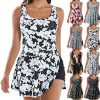 Flowy Tankini Bathing Suits for Women Tummy Control Swimsuits 2 Piece Plus Size Swimwear Floral Print Tank Top with Boyshorts