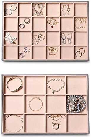 Frebeauty Jewelry Tray Set, Drawers Insert Jewelry Organizer Tray,Stackable Earring Organizer Synthetic Leather Jewelry Display Tray for Rings Stud Necklace Jewelry Tray Box for Women,Set of 2(Grey)
