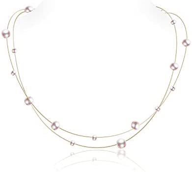 Freshwater Cultured Pearl Station Necklace, Dual-Layer Choker Necklace, Hand Selected High Luster Pearls, 15.7"