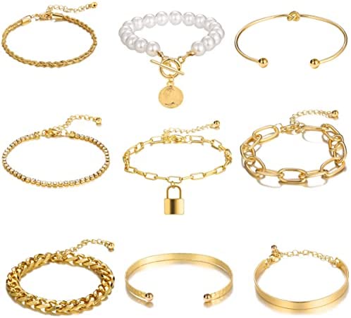 Gold Silver Chain Bracelets Set for Teen Girls,Cuff Bangle Knot Bracelet,Tennis Bracelets Pearl Bracelet Chain link Bracelet for Women Jewelry