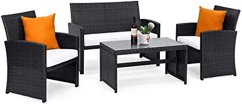 Goplus 4-Piece Rattan Patio Furniture Set, Outdoor Wicker Conversation Sofa with Weather Resistant Cushions and Tempered Glass Tabletop for Lawn Backyard Pool Garden (White(Black Wicker))