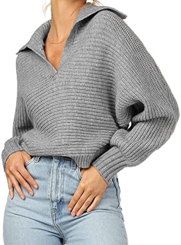 HZSONNE Women's Lapel Collar V Neck Soft Sweater Solid Long Sleeve Cozy Pullover Tops Knitwear