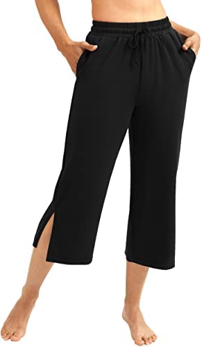 IUGA Wide Leg Capri Pants for Women Drawstring Capris Sweatpants Split Hem Lounge Workout Yoga Pants with Pockets