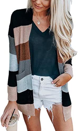 JUNBOON Women's Striped Long Sleeve Open Front Knit Cardigan Casual Pullover Sweater