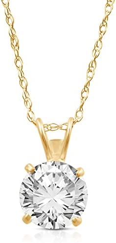 Jewelili 10K Yellow Or White Gold 6.2MM Round Cubic Zirconia Solitaire Pendant Necklace, 18" Rope Chain