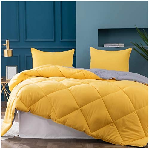 KASENTEX 2-Tone Reversible Comforter Set with Plush Down Alternative Filling - Fluffy, Ultra Soft and Machine Washable Bedding Duvet Insert, Twin, Mimosa Yellow/Victorian Silver