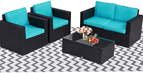 Kinbor 4 PCs Rattan Patio Outdoor Furniture Set Garden Lawn Sofa Sectional Set Black