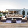 Kullavik Patio Furniture 7 Pieces Outdoor Sectional PE Rattan Sofa Set Brown Manual Wicker Patio Conversation Set with 6 Sand Seat Cushions and 1 Tempered Glass Tea Table