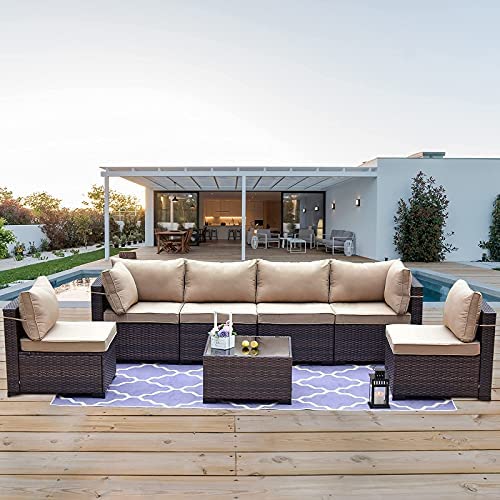 Kullavik Patio Furniture 7 Pieces Outdoor Sectional PE Rattan Sofa Set Brown Manual Wicker Patio Conversation Set with 6 Sand Seat Cushions and 1 Tempered Glass Tea Table