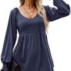 LOMON Women's Casual Puff Long Sleeve Tunic Tops V-Neck Pleated Flare Blouse T-Shirts with Smocked Cuffs S-XXL