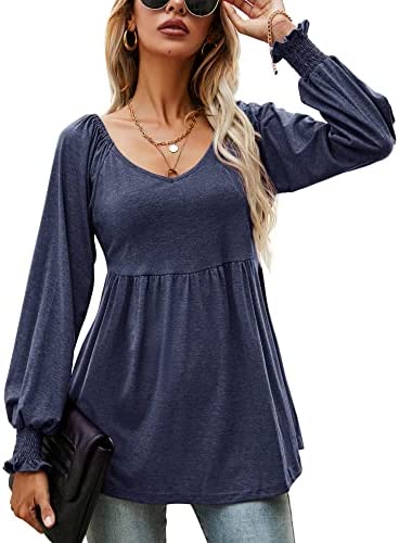 LOMON Women's Casual Puff Long Sleeve Tunic Tops V-Neck Pleated Flare Blouse T-Shirts with Smocked Cuffs S-XXL