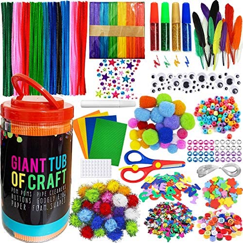 MOISO Kids Crafts and Art Supplies Jar Kit - 550+ Piece Set - Make Bracelets and Necklaces - Plus Glitter Glue, Construction Paper, Colored Popsicle Sticks, Google Eyes, Pipe Cleaners