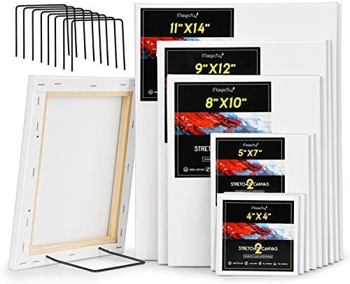 Magicfly Stretched Canvases for Painting Pack of 10, 8X10", 9X12", 11X14" 4x4", 5X7" |2 of Each| , Stretched Canvas with Display Bracket, Premium Cotton ,White Blank Canvas for Acrylic