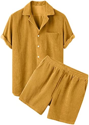 Men Summer Tracksuit 2 Piece Outfits Set Corduroy Button Down Lapel Short Sleeve T-Shirts and Shorts Jogging Suit Sweatsuits