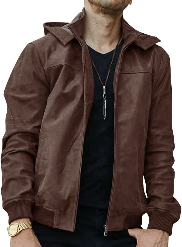 Men's Jackets Long Sleeve Faux Leather Stand Collar Zip Up Motorcycle Outerwear Winter Coats with Removable Hood