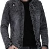 Men's Jean Jackets Spring Fashion Zipper Stand-Collar Solid Plus Size Motorcycle Jacket Bomber Outwear Denim Coat