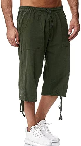 Mens Linen Cotton Capri Shorts Elastic Drawstring Below Knee Shorts 3/4 Loose Fit Summer Shorts Cropped Trousers