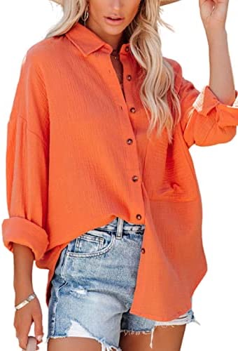 Meyhad Women's Loose Solid Cotton Blouse Drop Shoulder Button Up Shirt Orange Tops