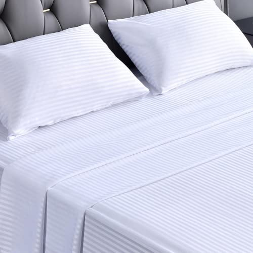 Morefeel Striped Queen Sheets Silky Soft 1800 Bedding Sheets & Pillowcases 16" Extra Deep Pocket Sheets Cooling Breathable Luxury Hotel Sheets, 4 Piece White, Queen