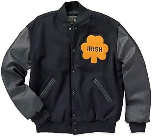 New Men's Black Bomber Varsity Wool Irish Jacket With Leather Sleeves | Rudy Notre Dame jacket