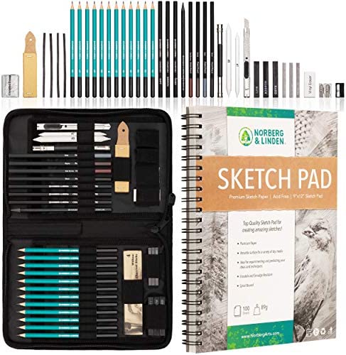 Norberg & Linden XXL Drawing Set - Sketching and Charcoal Pencils. 100 Page Drawing Pad, Kneaded Eraser, and Graphite. Art Set for Kids, Teens and Adults