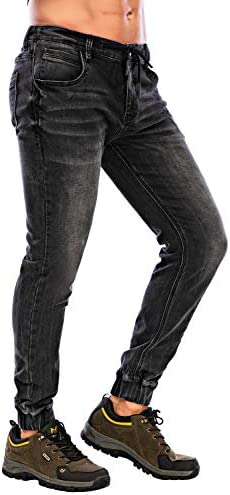 Oldloda Men’s Elastic Adjustable Wasitband Slim-Fit Elastic Hem Jogger Knit Denim Washed Jeans