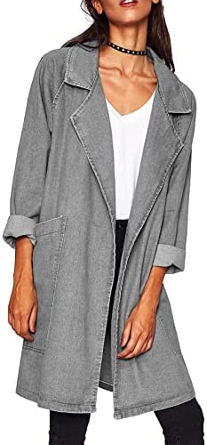 PASLTER Women's Long Denim Jacket Open Front Notched Lapel Slim Windproof Trench Coat Jean Outwear
