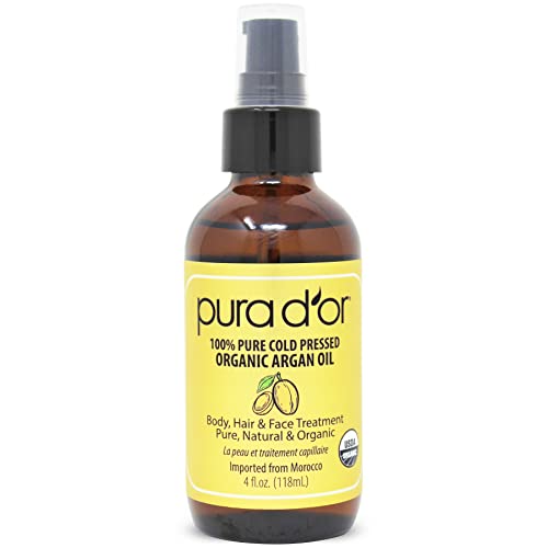 PURA D'OR Organic Moroccan Argan Oil (4oz / 118mL) USDA Certified 100% Pure Cold Pressed Virgin Premium Grade Moisturizer Treatment for Dry & Damaged Skin, Hair, Face, Body, Scalp & Nails