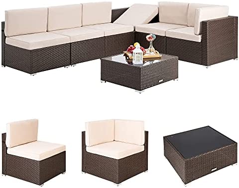 Pamapic 7 Pieces Outdoor Sectional, Wicker Patio Sectional Sofa Conversation Set, Rattan Sofa with Coffee Table and Washable Cushions Covers, Brown Rattan(Beige Cushions)…