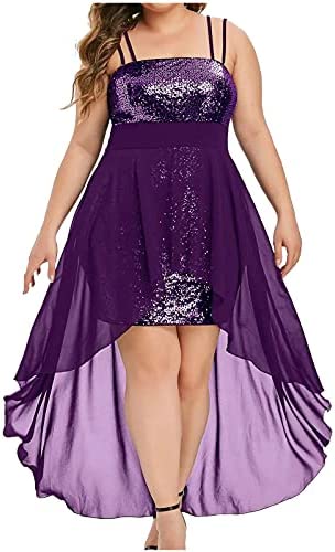 Plus Size Prom Dress for Women,Sexy Cocktail Semi Formal Long Sequin Irregular Hem Evening Party Maxi Sling Dresses