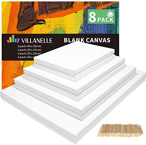 Stretched Canvas, 6x8", 8x10", 10x12", 12x16", 8 Set Artist Canvase Frame Board Panels, 100% Cotton Blank Canvase Oil Acrylic Watercolor Pouring Paint, Acid-Free for Kids & Artists